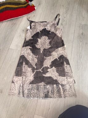 With Jean Beige and Black Printed Mini Slip Dress